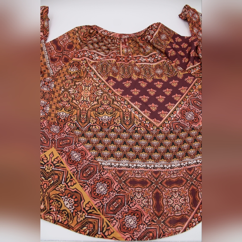 Democracy Women’s Small Boho Paisley V-Neck Blouse Burgundy Pink Long Sleeve - Picture 6 of 7